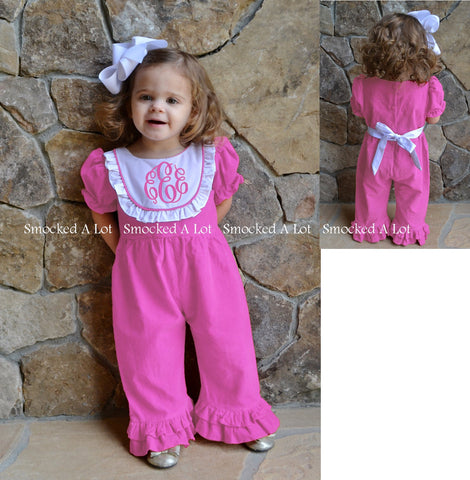 Monogrammed Pink/White Bib Ruffled Romper - Smocked A Lot, LLC