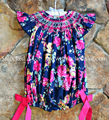 Navy Floral Smocked Bubble - Smocked A Lot, LLC