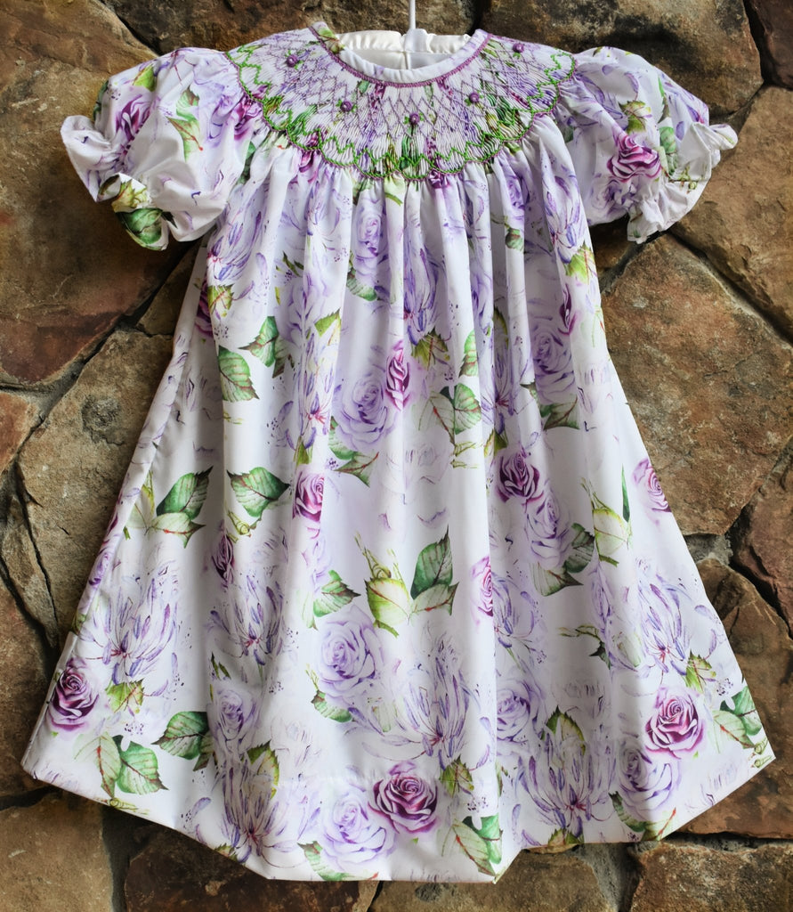 Purple Floral Smocked Bishop Dress - Smocked A Lot, LLC