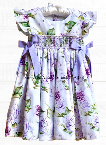 Purple Floral Smocked Dress with ties - Smocked A Lot, LLC
