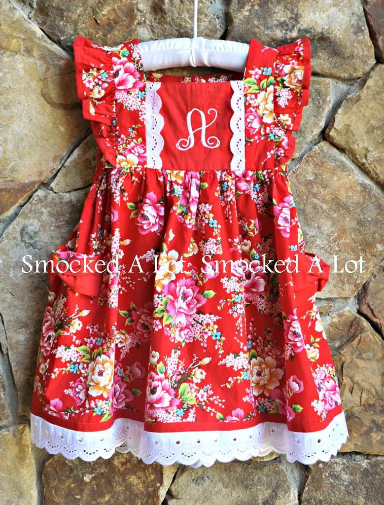 Red Floral Monogrammed Dress with Pockets - Smocked A Lot, LLC
