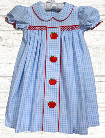 Smocked Back to School Apple Dress with Peter Pan collar- embroidered apples - Smocked A Lot, LLC