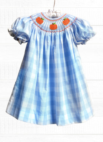 Smocked Pumpkin Bishop Dress- Blue Check - Smocked A Lot, LLC
