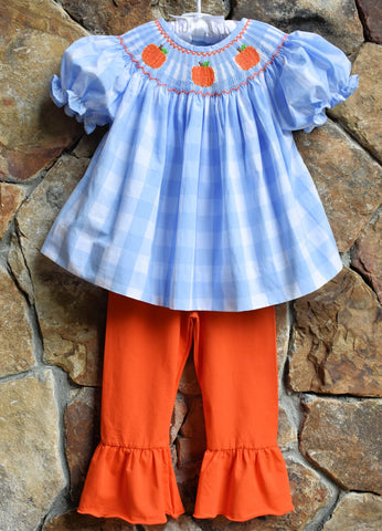 Smocked Pumpkin Pants Set- Blue Check - Smocked A Lot, LLC