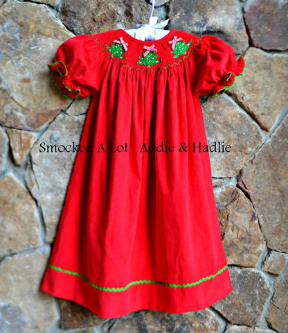 Smocked Red Corduroy Christmas Tree Bishop Dress - Smocked A Lot, LLC