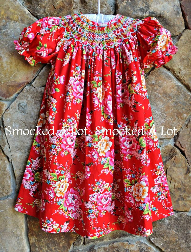 Smocked Red Floral Bishop Dress - Smocked A Lot, LLC