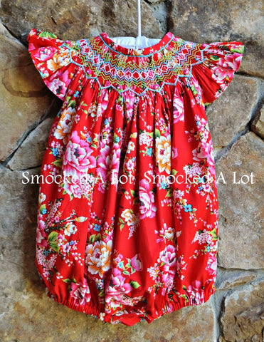 Smocked Red Floral Bubble - Smocked A Lot, LLC